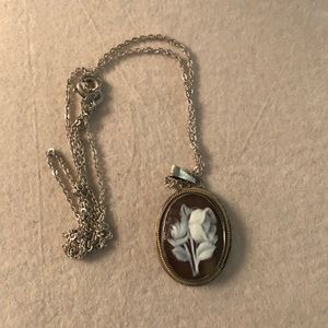 Vintage carved shell floral cameo silver necklace